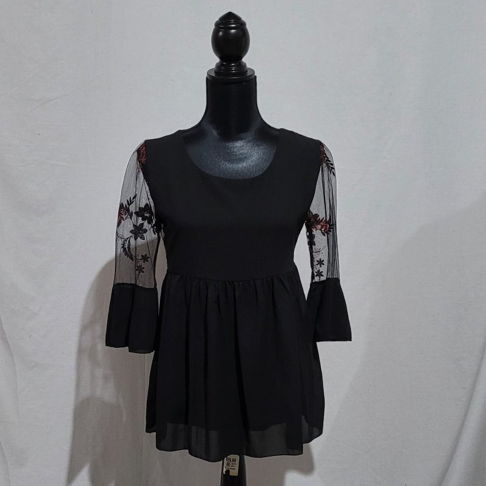 Elena Baldi blouse lacy goth fairy shirt sheer sleeves back floral embroidery